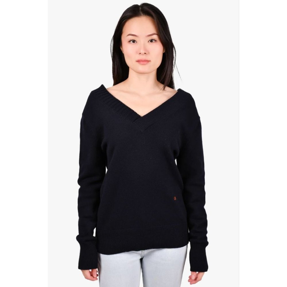 Victoria Beckham cashmere navy double-v neck sweater, size S